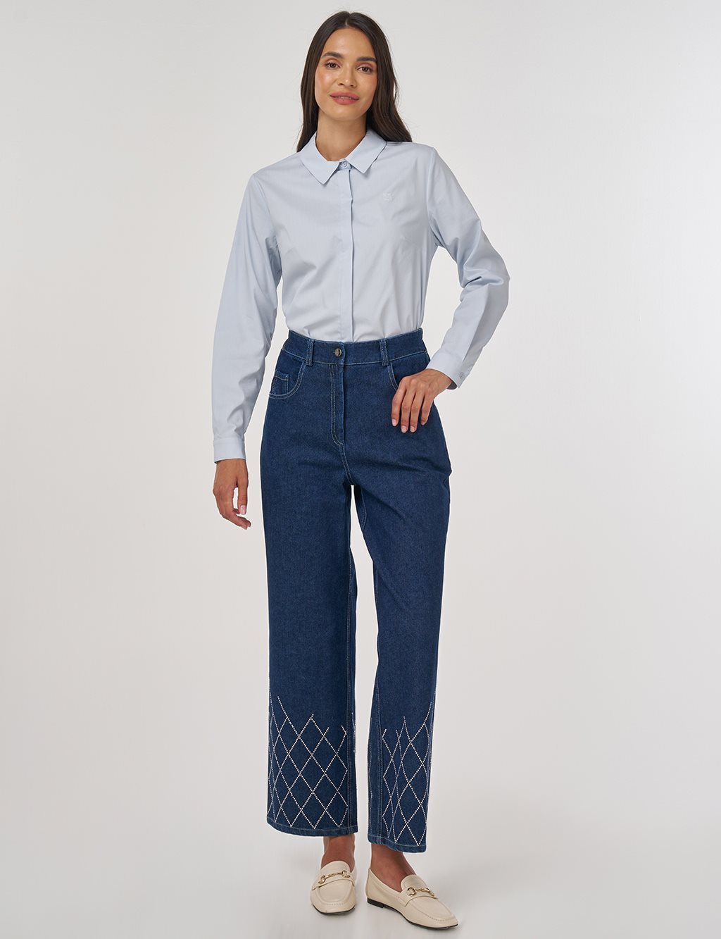 Embroidered Hem Denim Pants Navy 