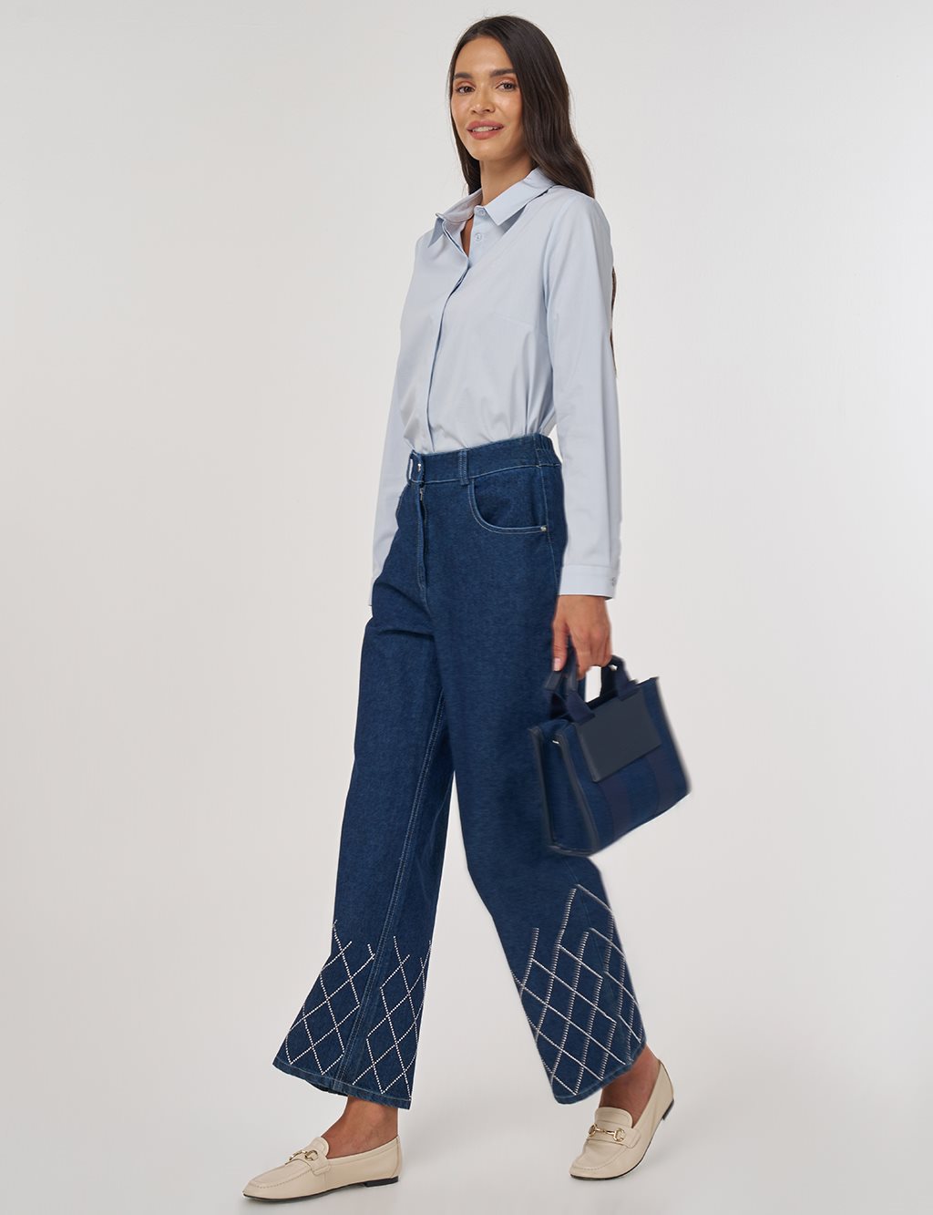 Embroidered Hem Denim Pants Navy 