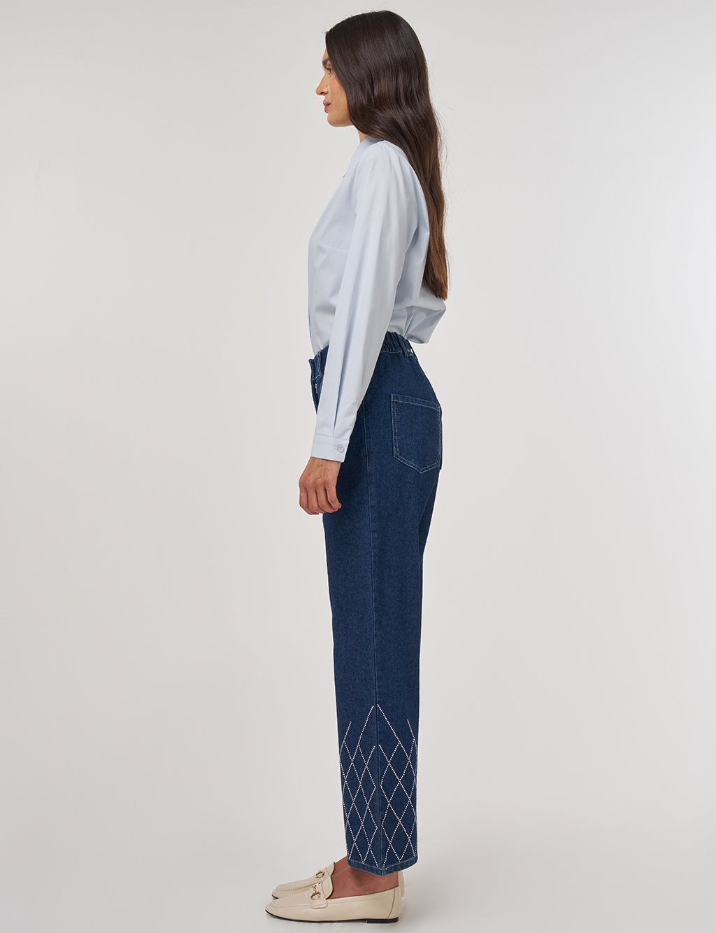 Embroidered Hem Denim Pants Navy 