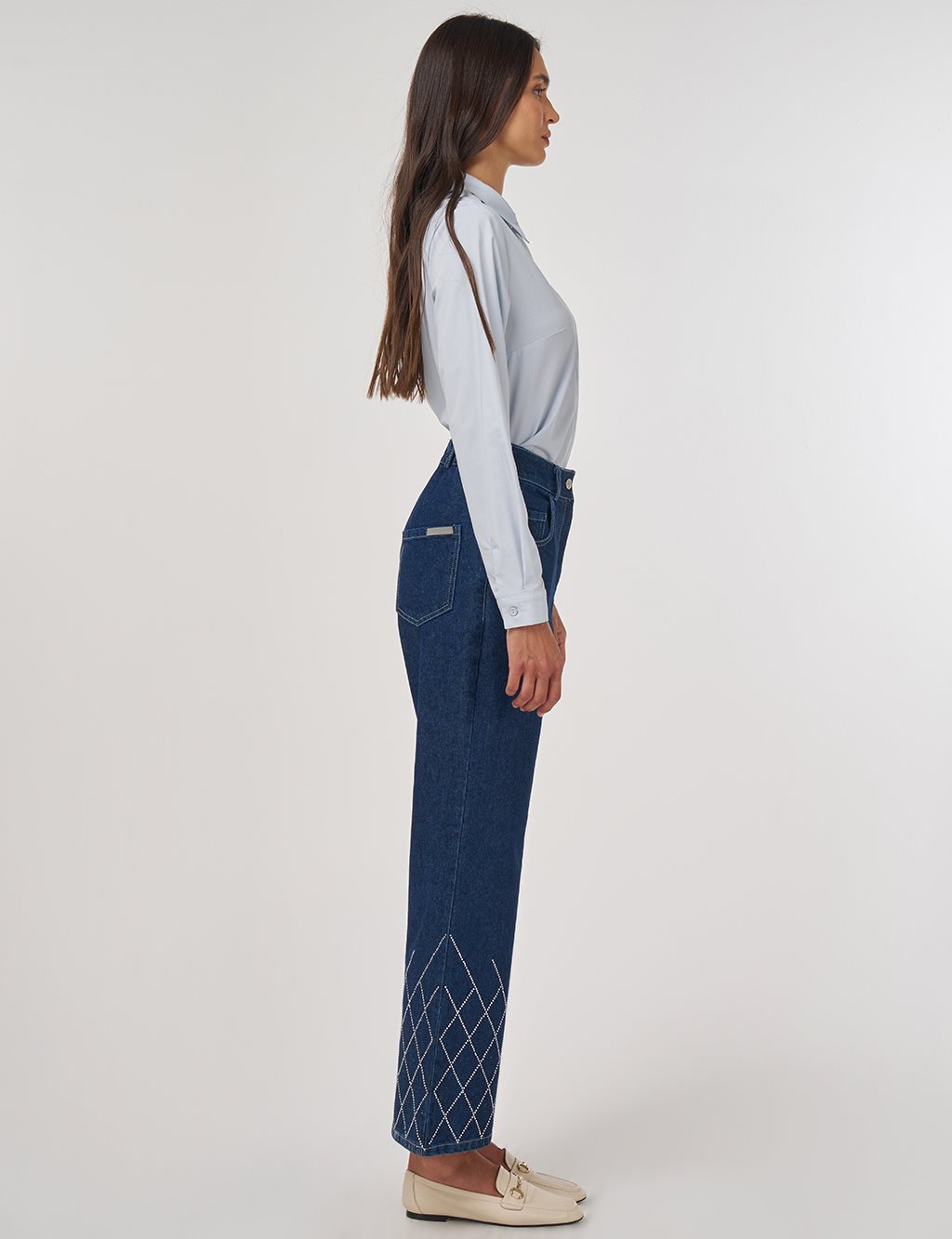 Embroidered Hem Denim Pants Navy 