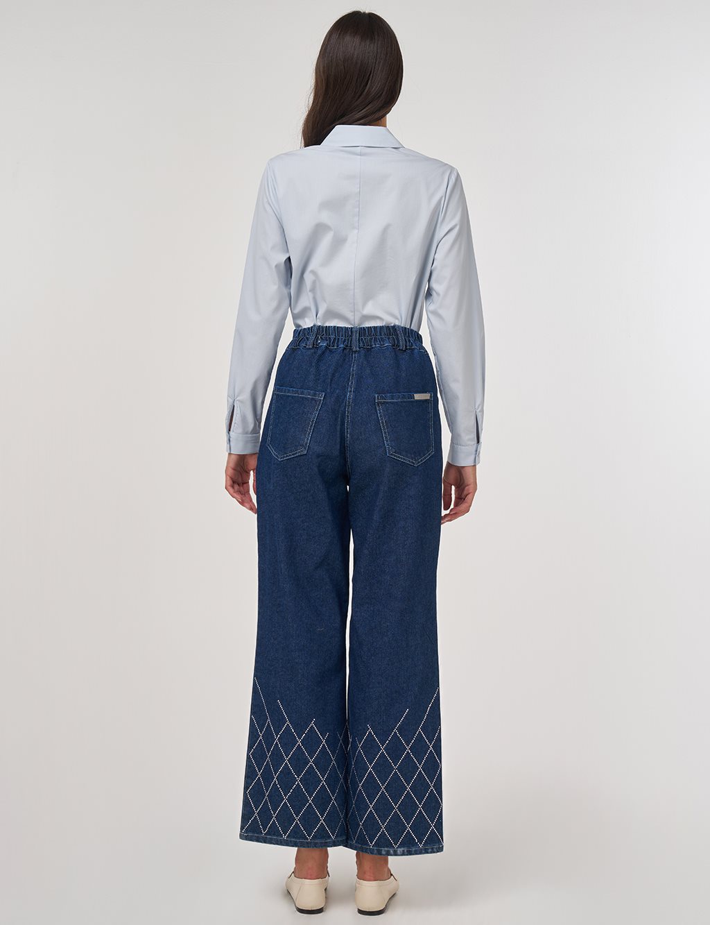 Embroidered Hem Denim Pants Navy 