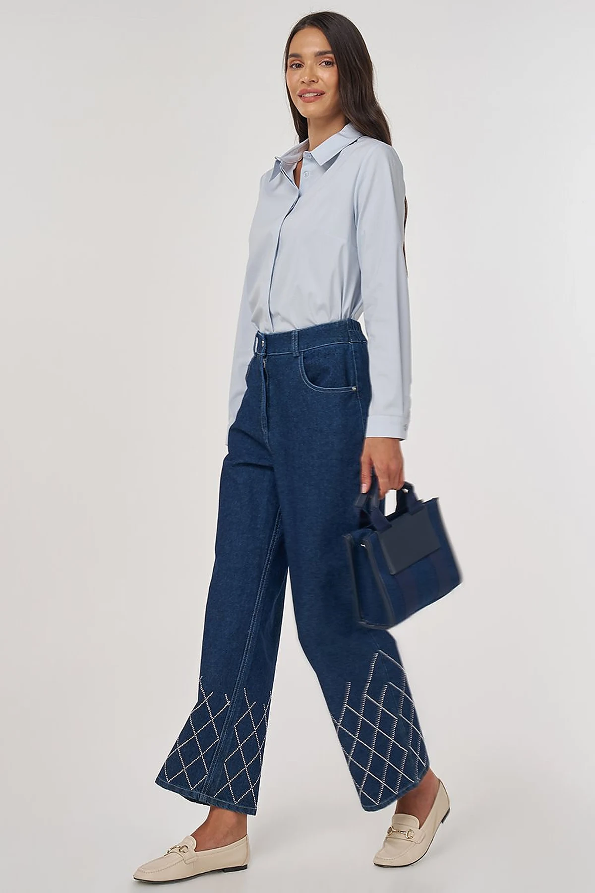 Embroidered Hem Denim Pants Navy 