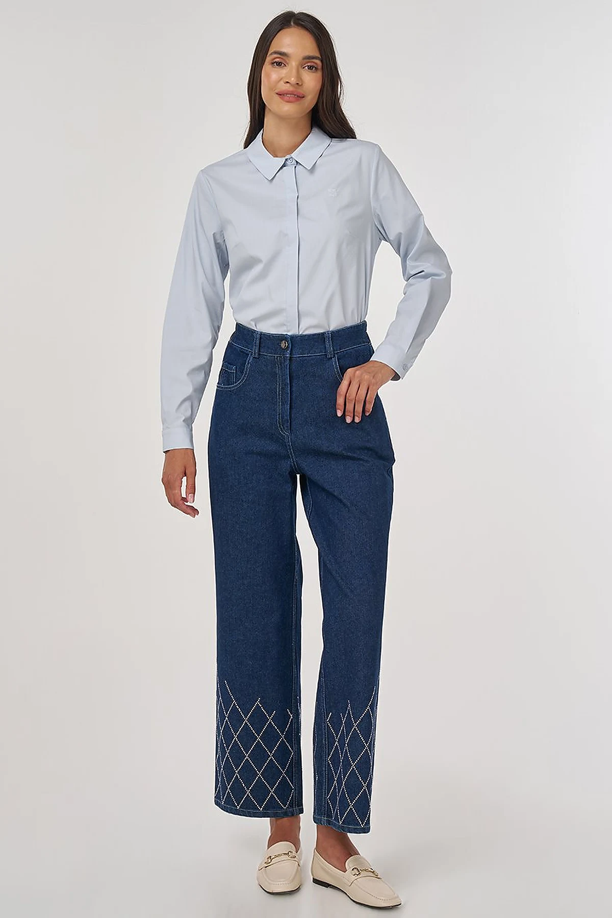Embroidered Hem Denim Pants Navy 