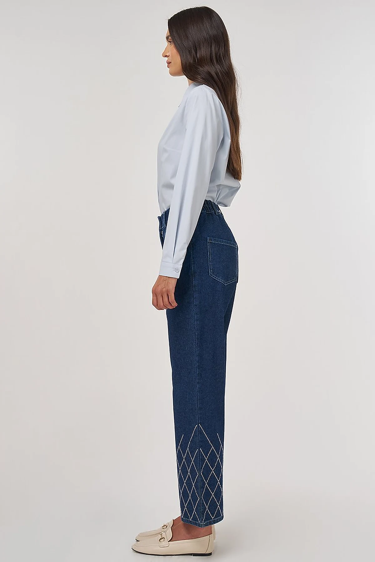 Embroidered Hem Denim Pants Navy 