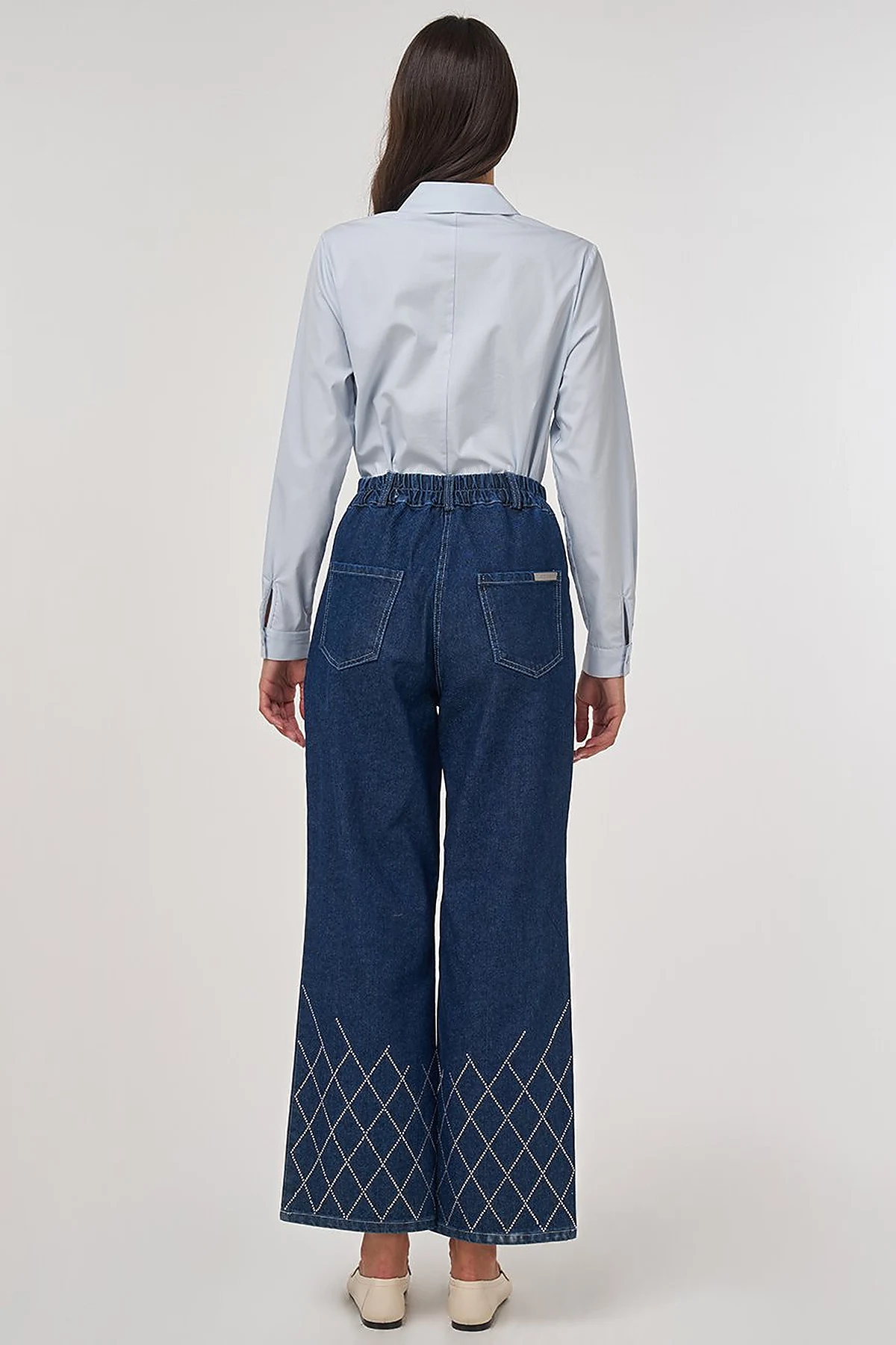 Embroidered Hem Denim Pants Navy 