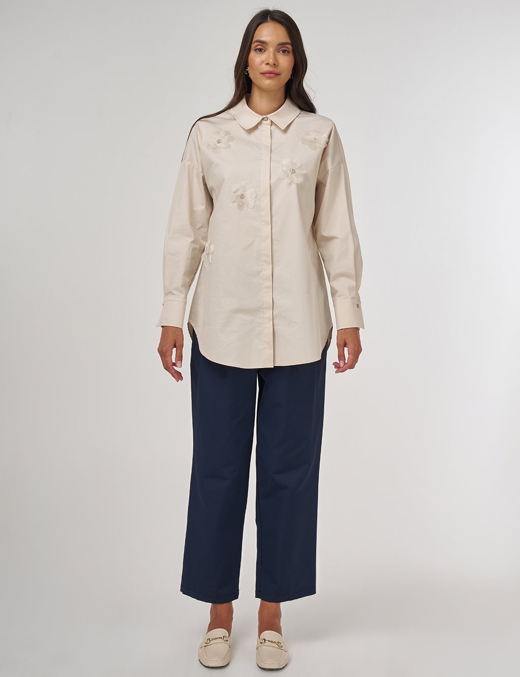 Floral Embroidered Cotton Tunic Cream