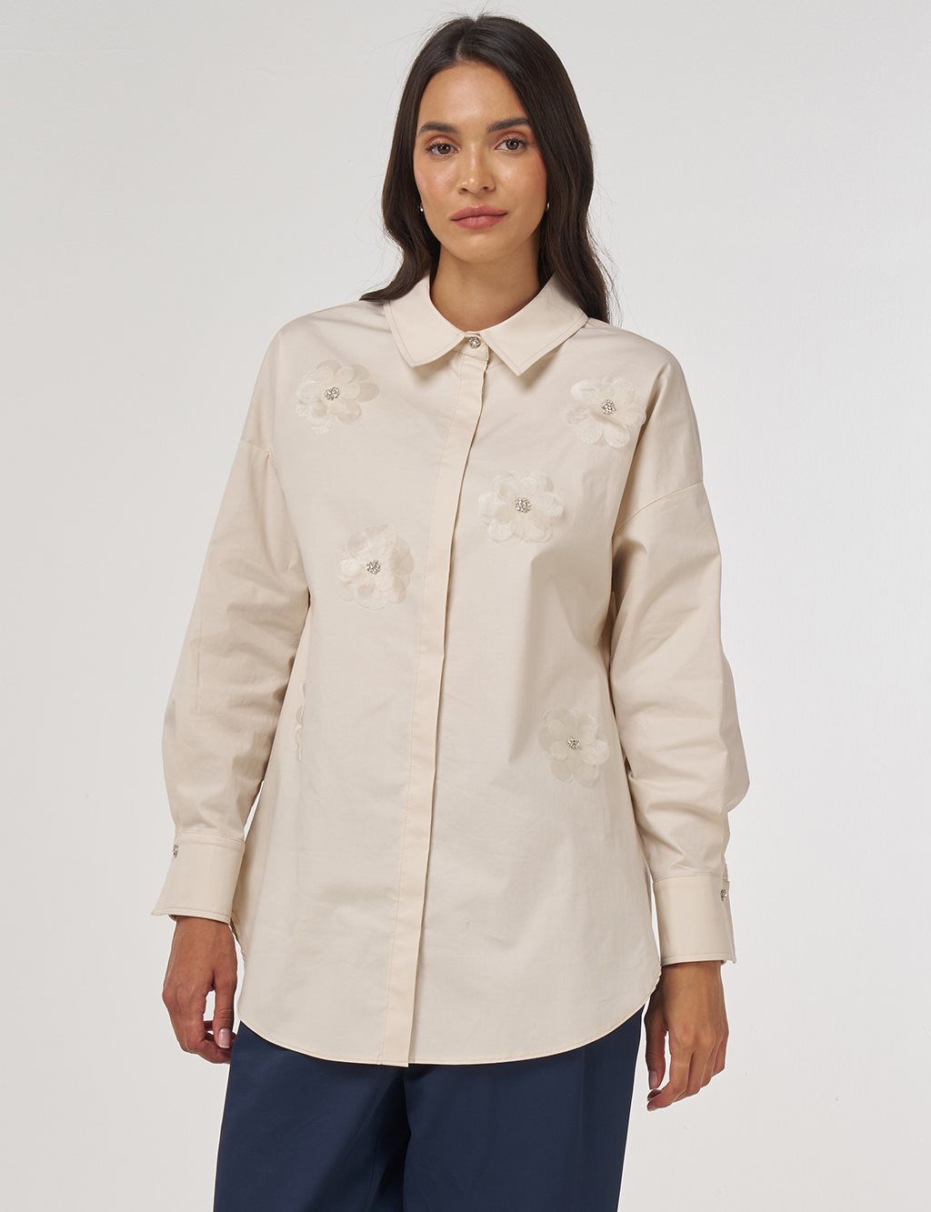 Floral Embroidered Cotton Tunic Cream