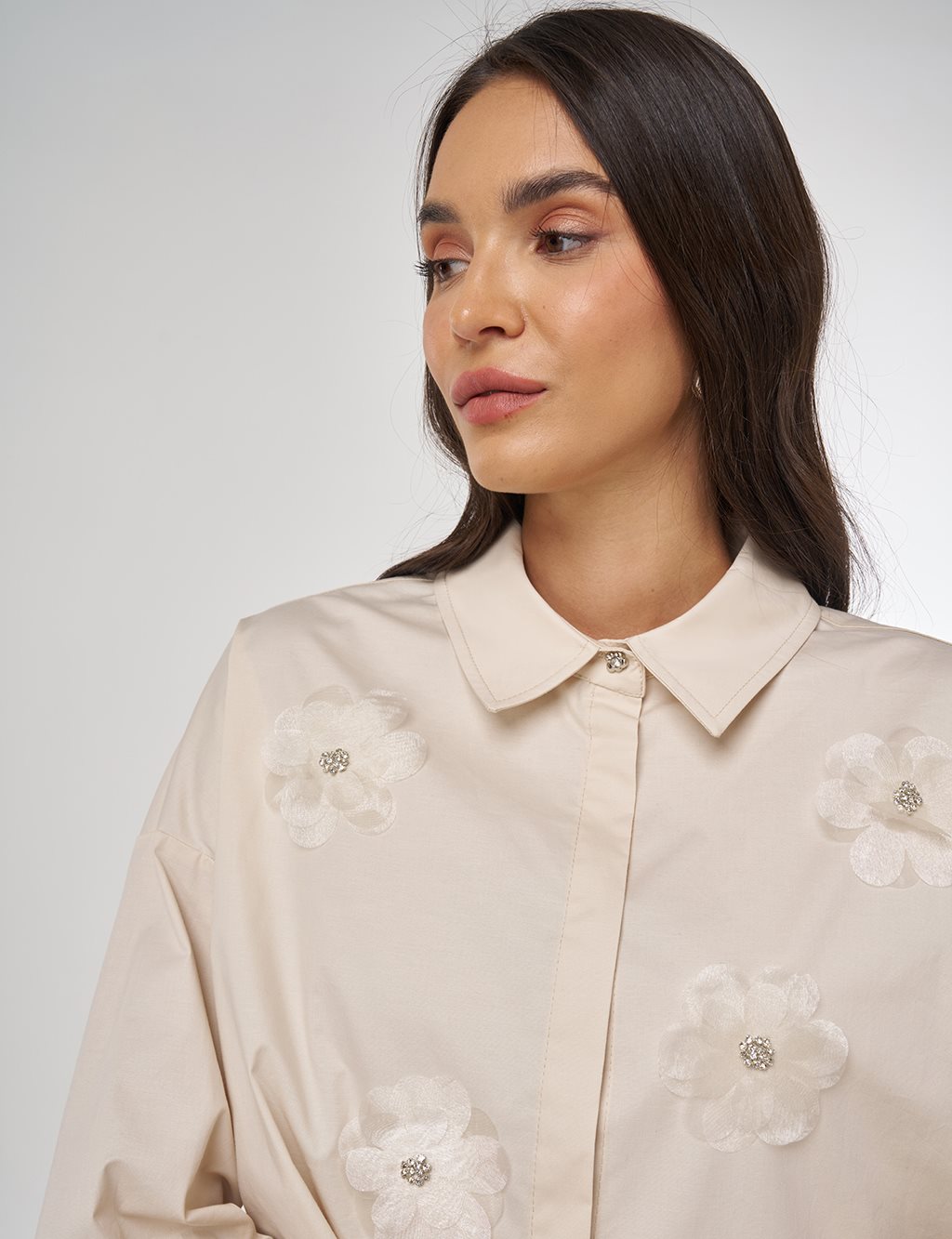Floral Embroidered Cotton Tunic Cream