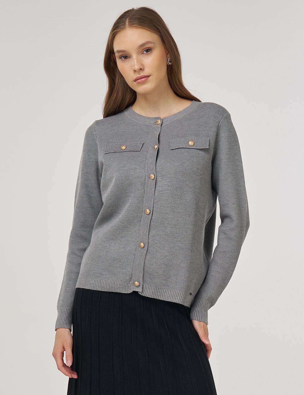 100% Viscose Button-Detail Knit Cardigan Gray