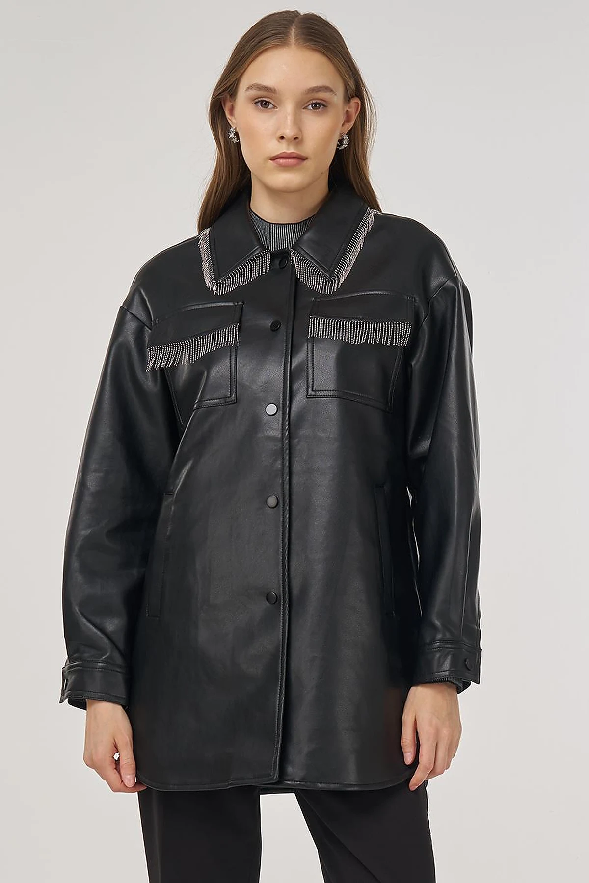 Faux Leather Jacket with Dangling Detail in Black