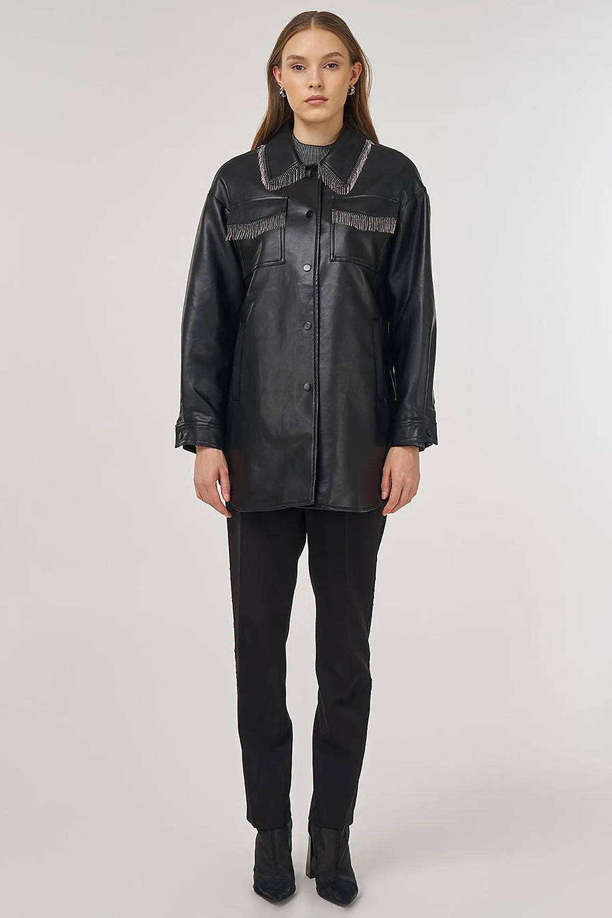 Faux Leather Jacket with Dangling Detail in Black