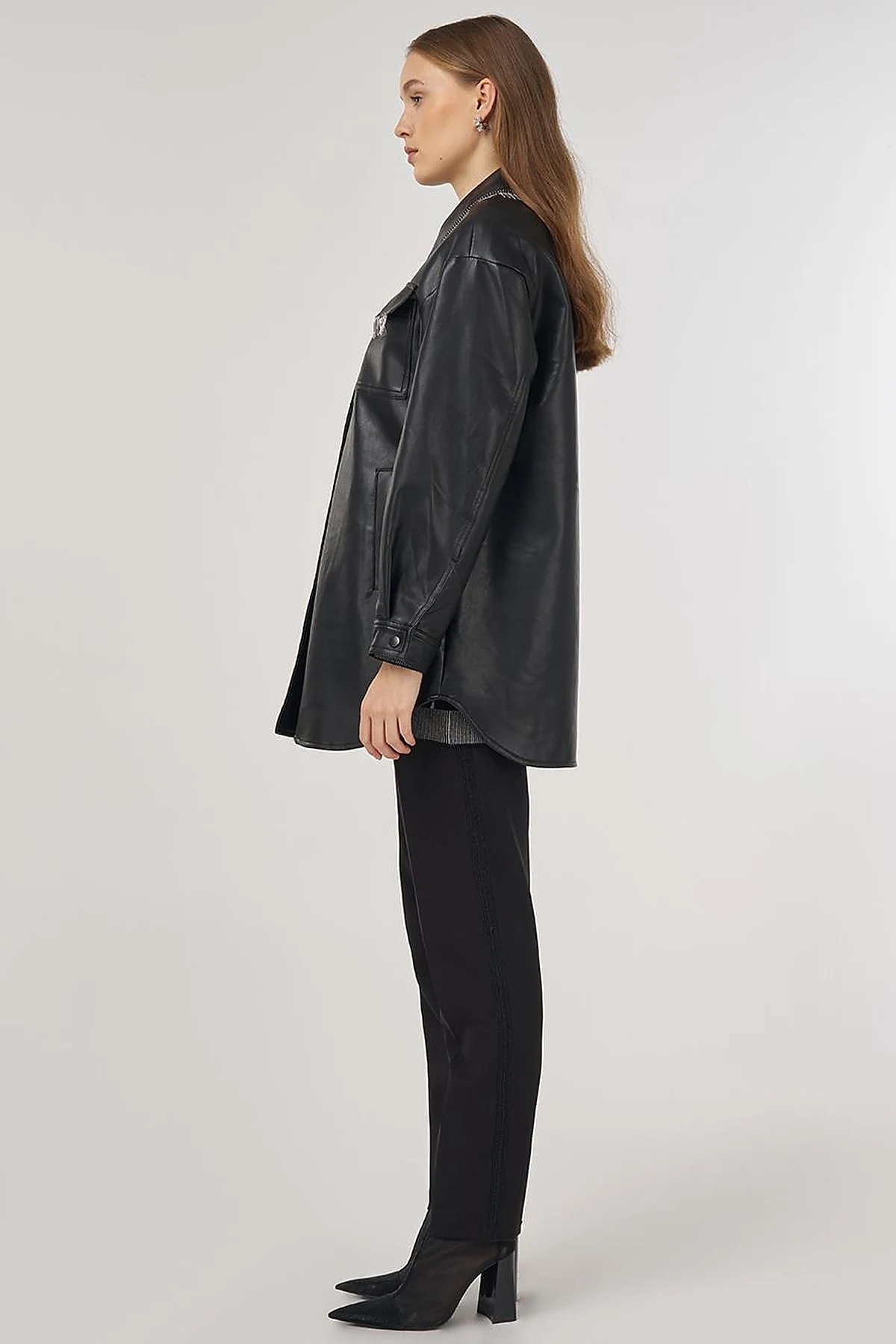Faux Leather Jacket with Dangling Detail in Black