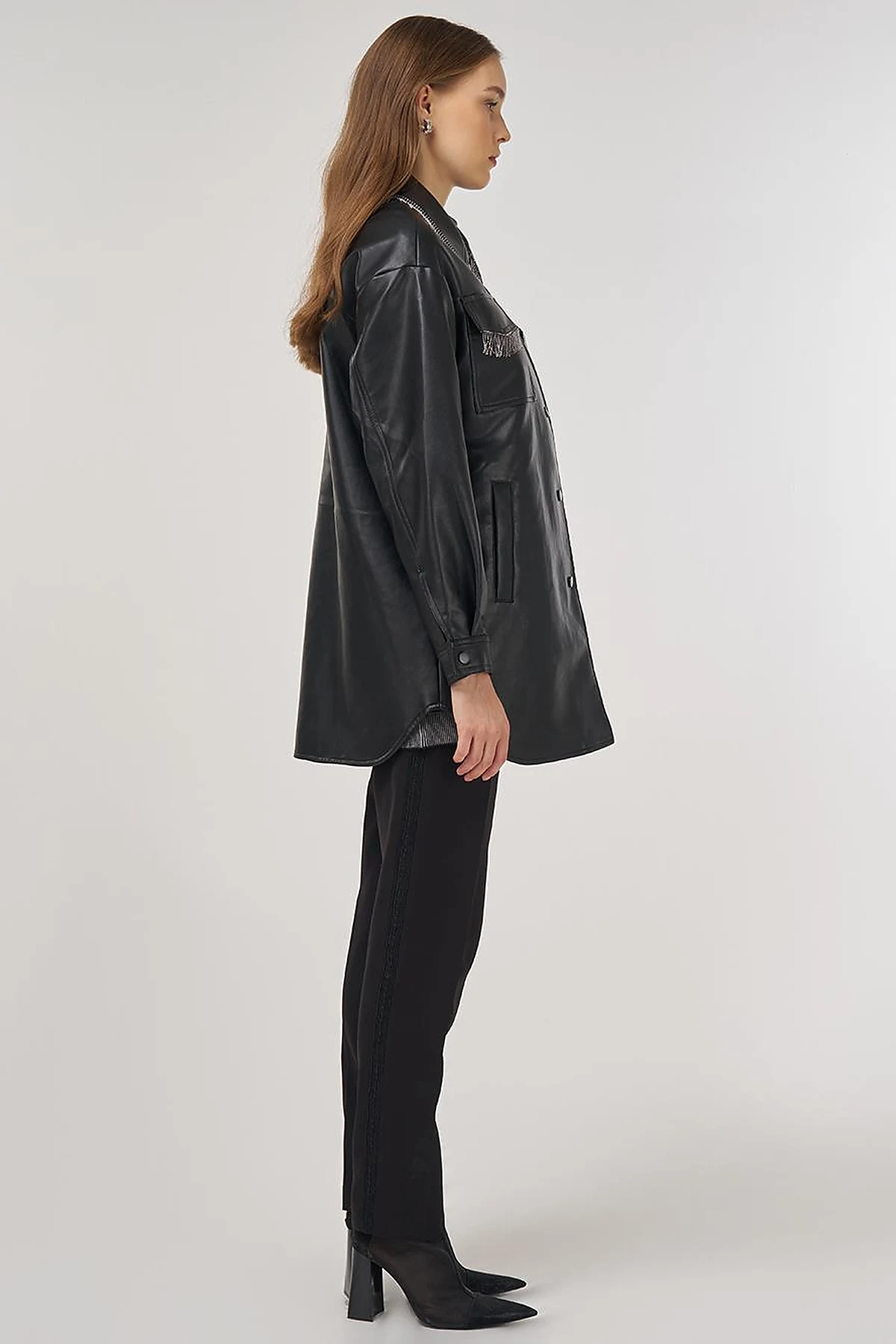 Faux Leather Jacket with Dangling Detail in Black