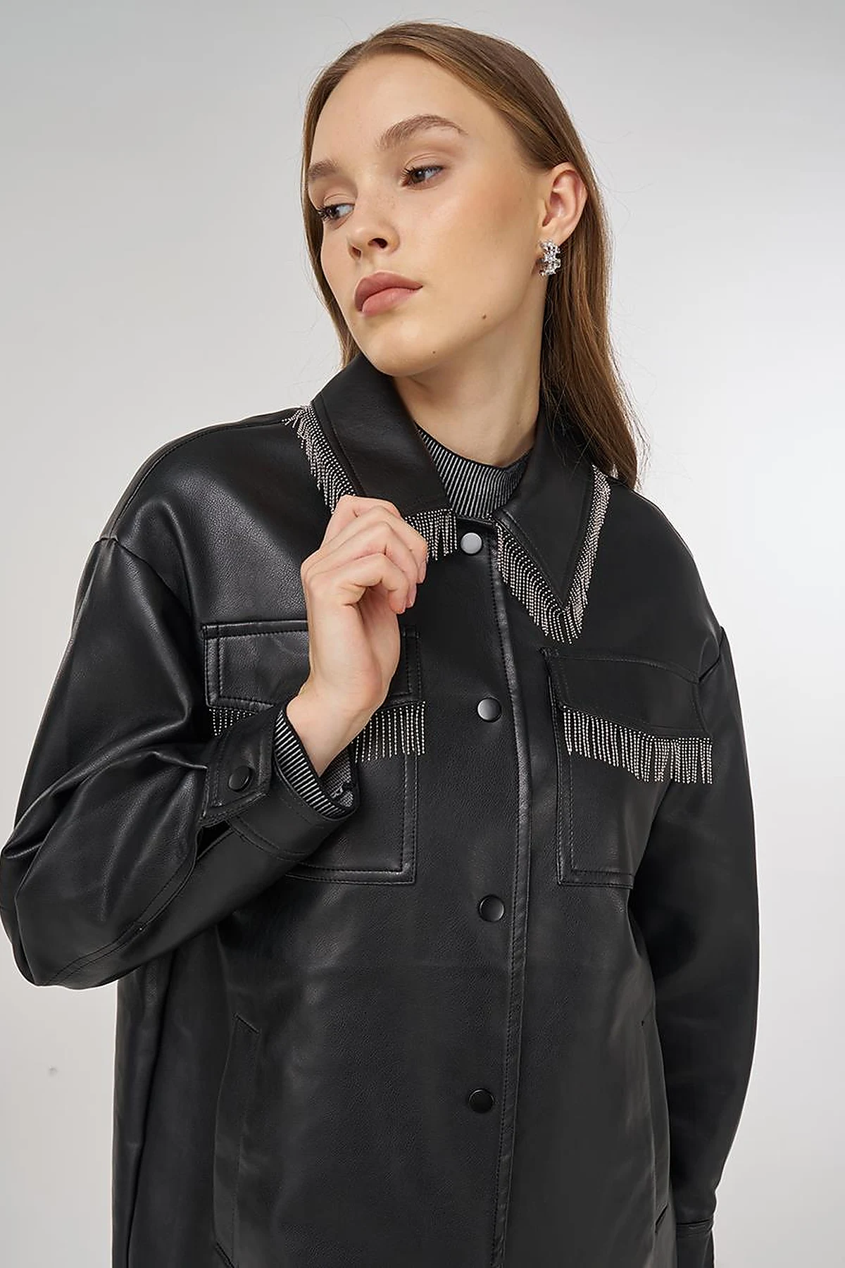 Faux Leather Jacket with Dangling Detail in Black