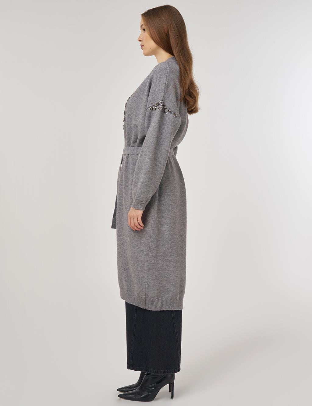 Embroidered Knit Cardigan in Gray