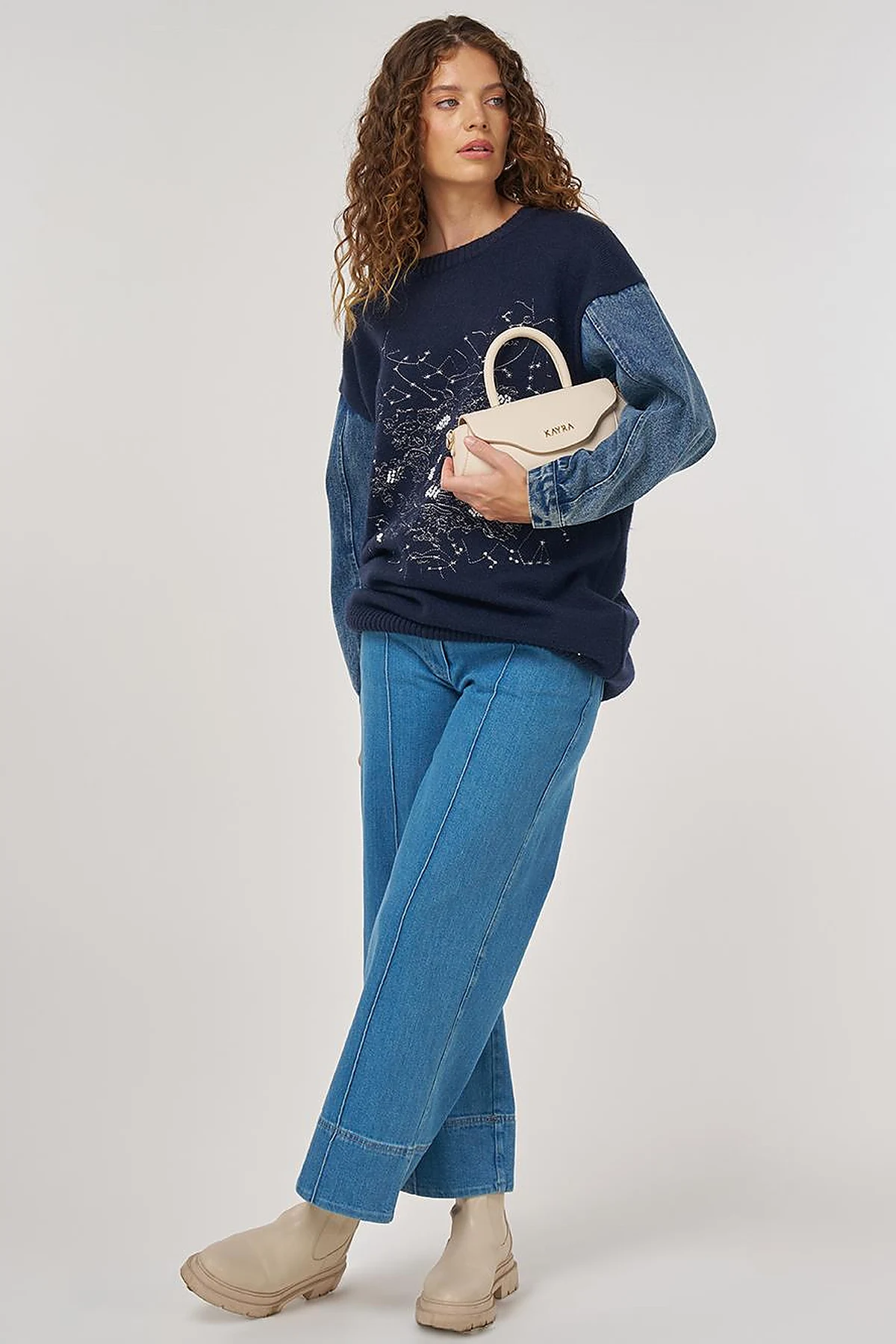 Denim Garnished Knit Tunic in Navy Blue