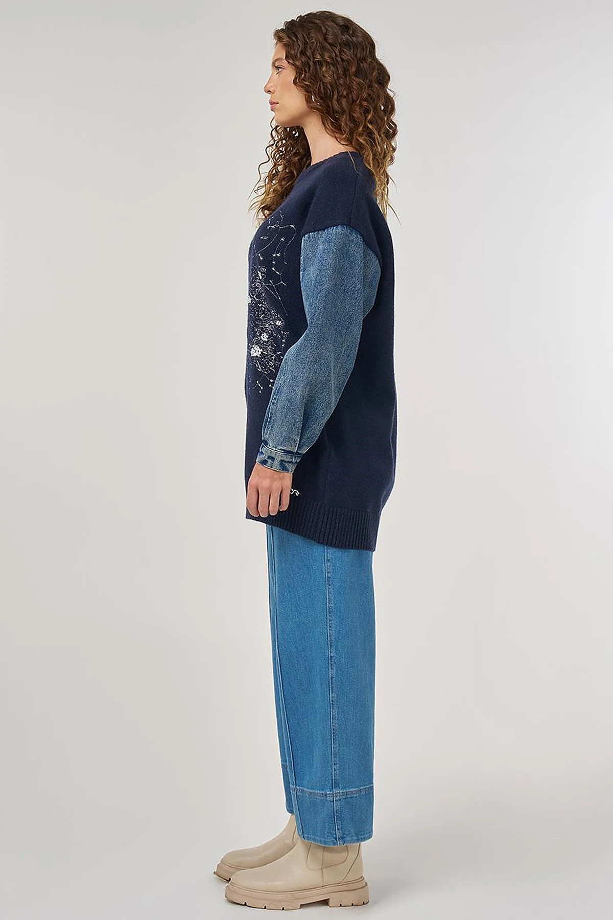 Denim Garnished Knit Tunic in Navy Blue