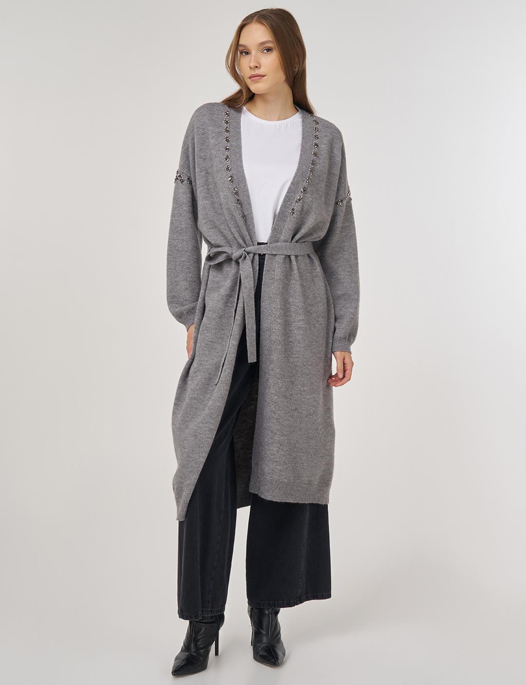 Embroidered Knit Cardigan in Gray