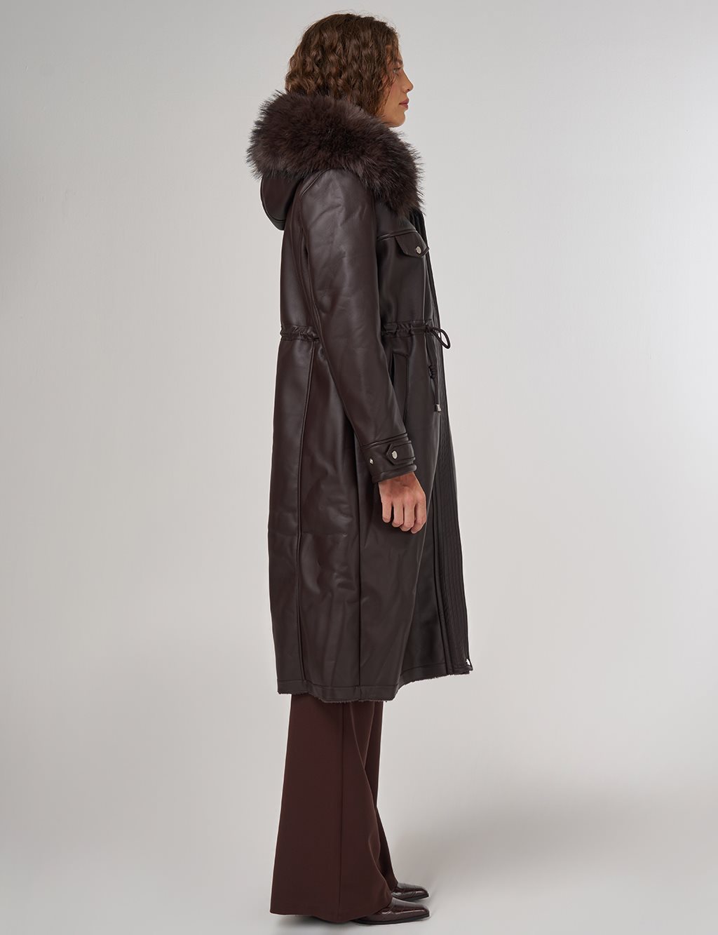 Faux Fur Detailed Faux Leather Jacket Brown