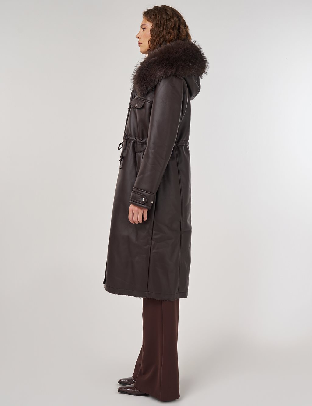 Faux Fur Detailed Faux Leather Jacket Brown