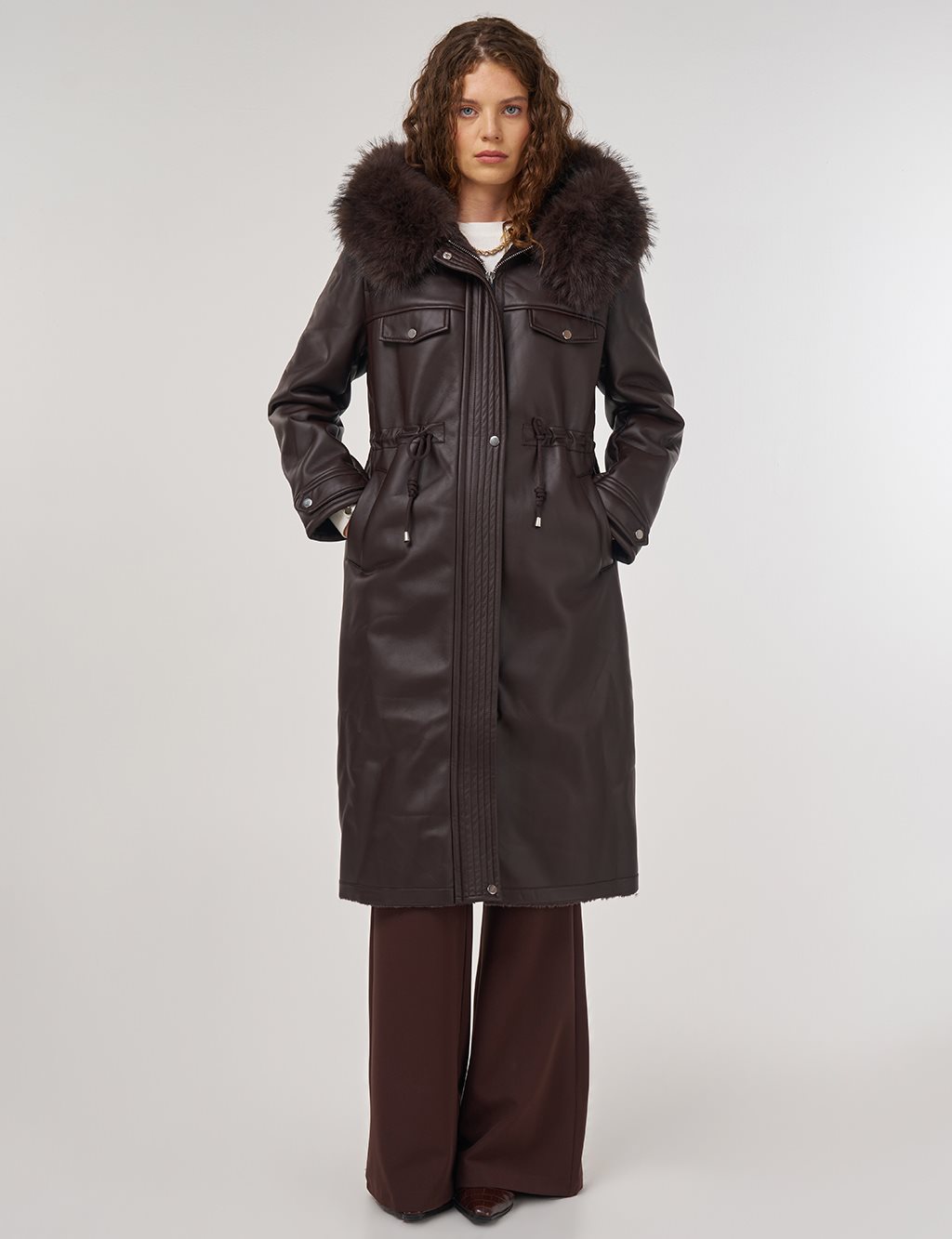 Faux Fur Detailed Faux Leather Jacket Brown