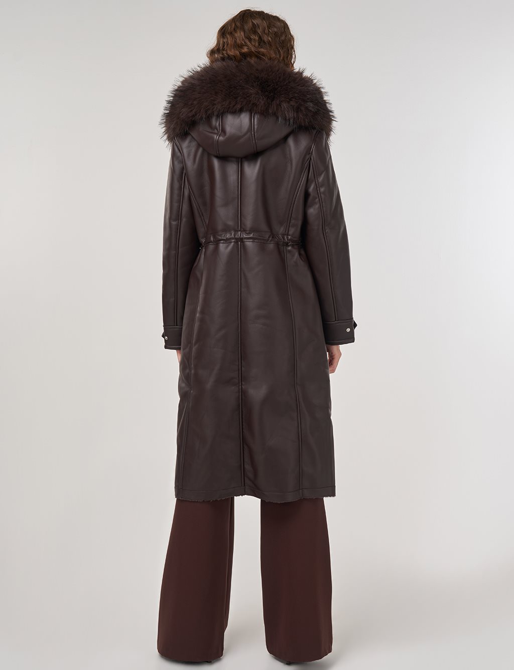 Faux Fur Detailed Faux Leather Jacket Brown