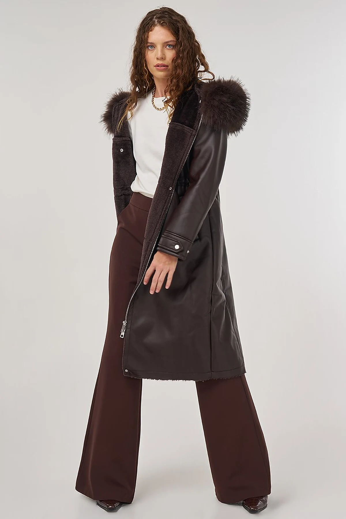 Faux Fur Detailed Faux Leather Jacket Brown