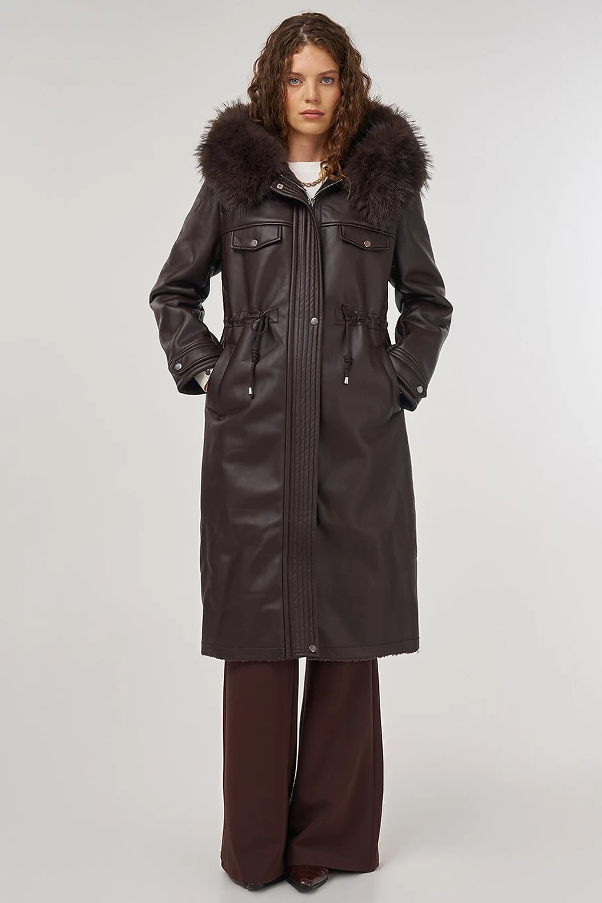 Faux Fur Detailed Faux Leather Jacket Brown