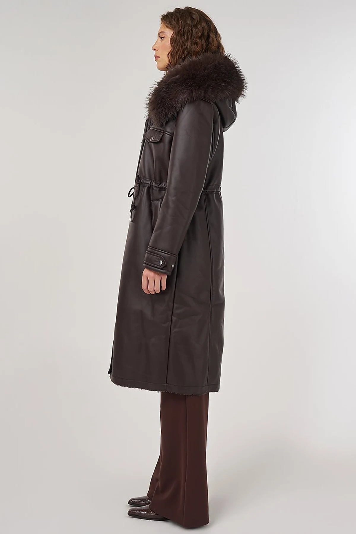 Faux Fur Detailed Faux Leather Jacket Brown