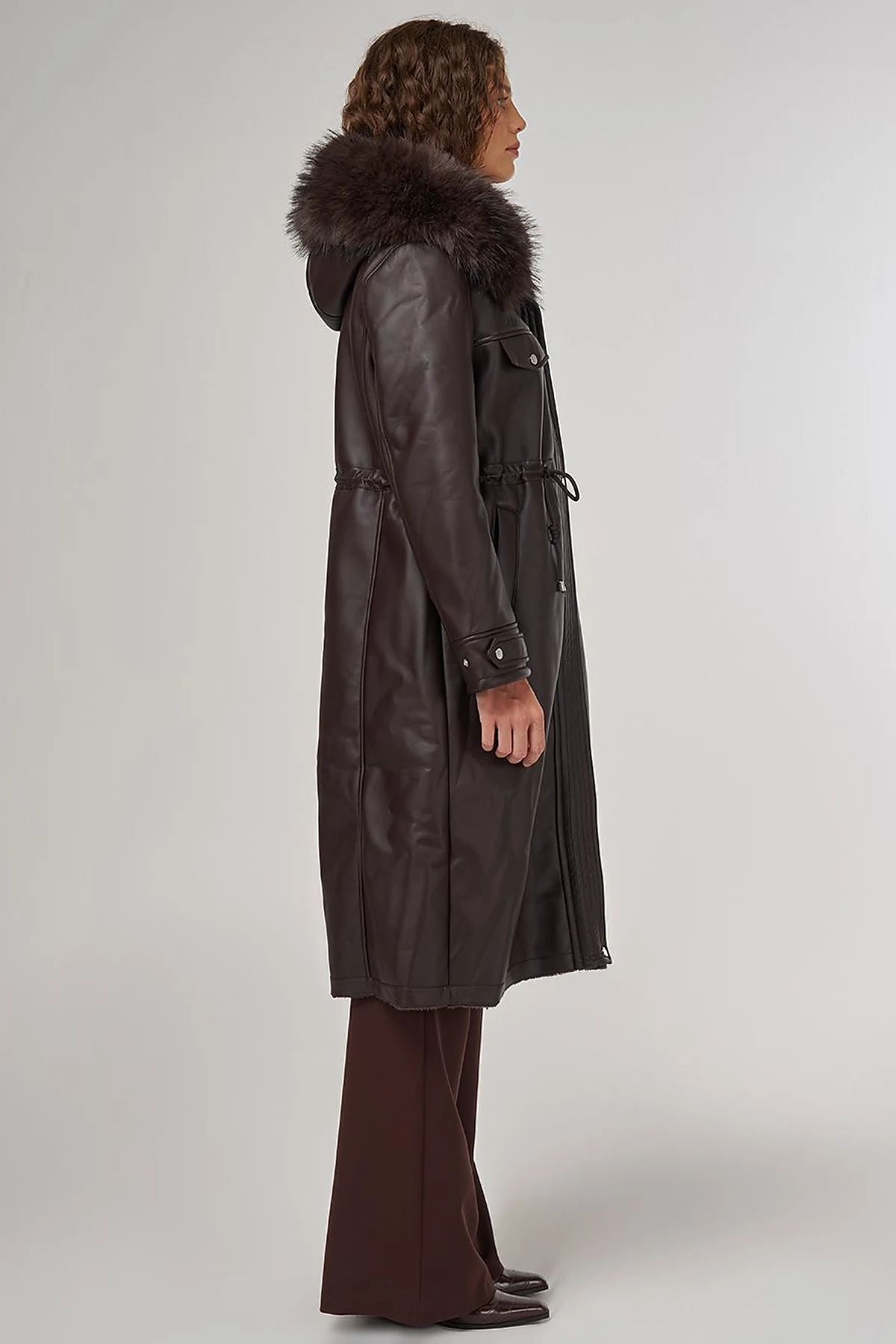 Faux Fur Detailed Faux Leather Jacket Brown
