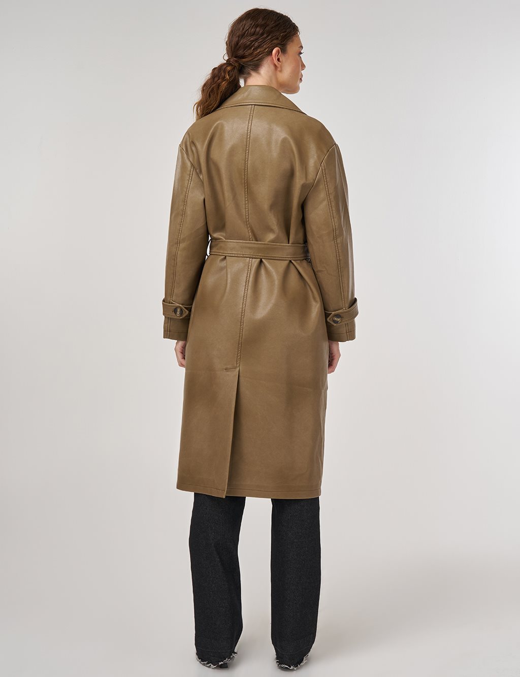 Faux Leather Trench Coat with Epaulet Details Light Brown
