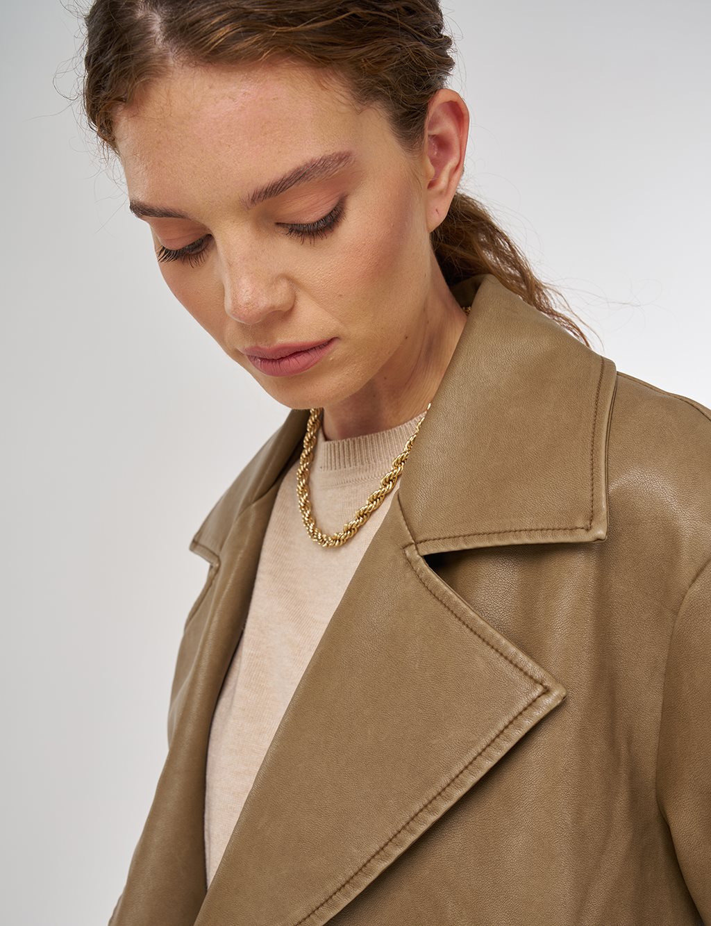 Faux Leather Trench Coat with Epaulet Details Light Brown