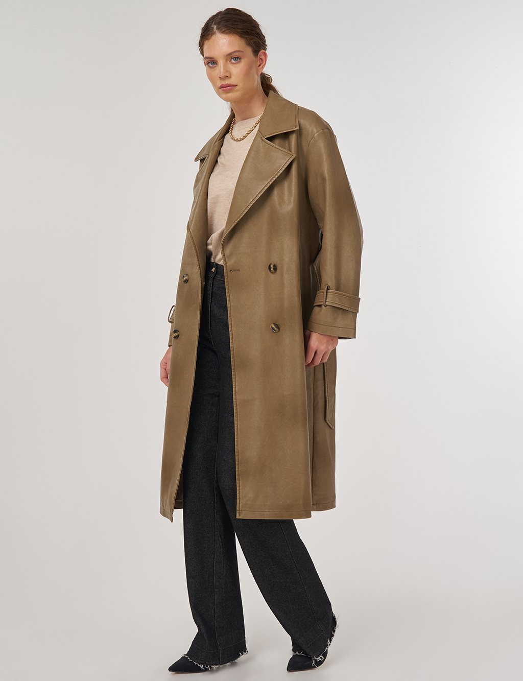 Faux Leather Trench Coat with Epaulet Details Light Brown