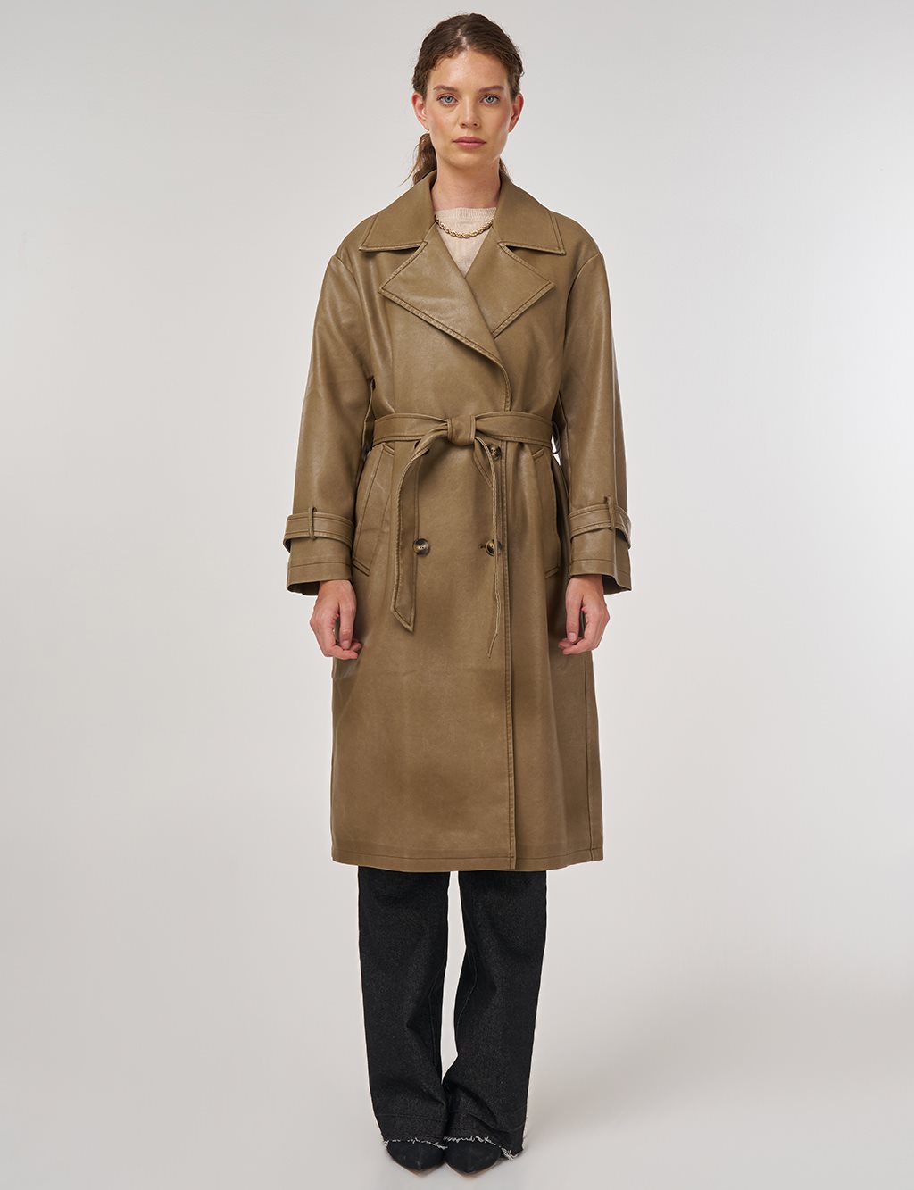 Faux Leather Trench Coat with Epaulet Details Light Brown