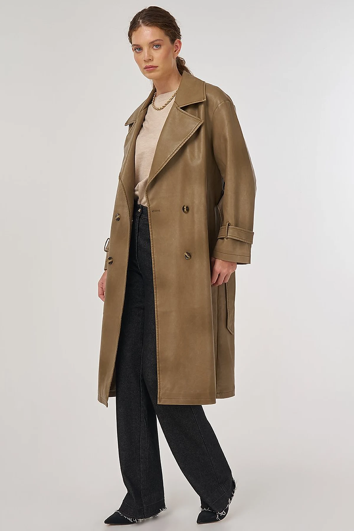 Faux Leather Trench Coat with Epaulet Details Light Brown