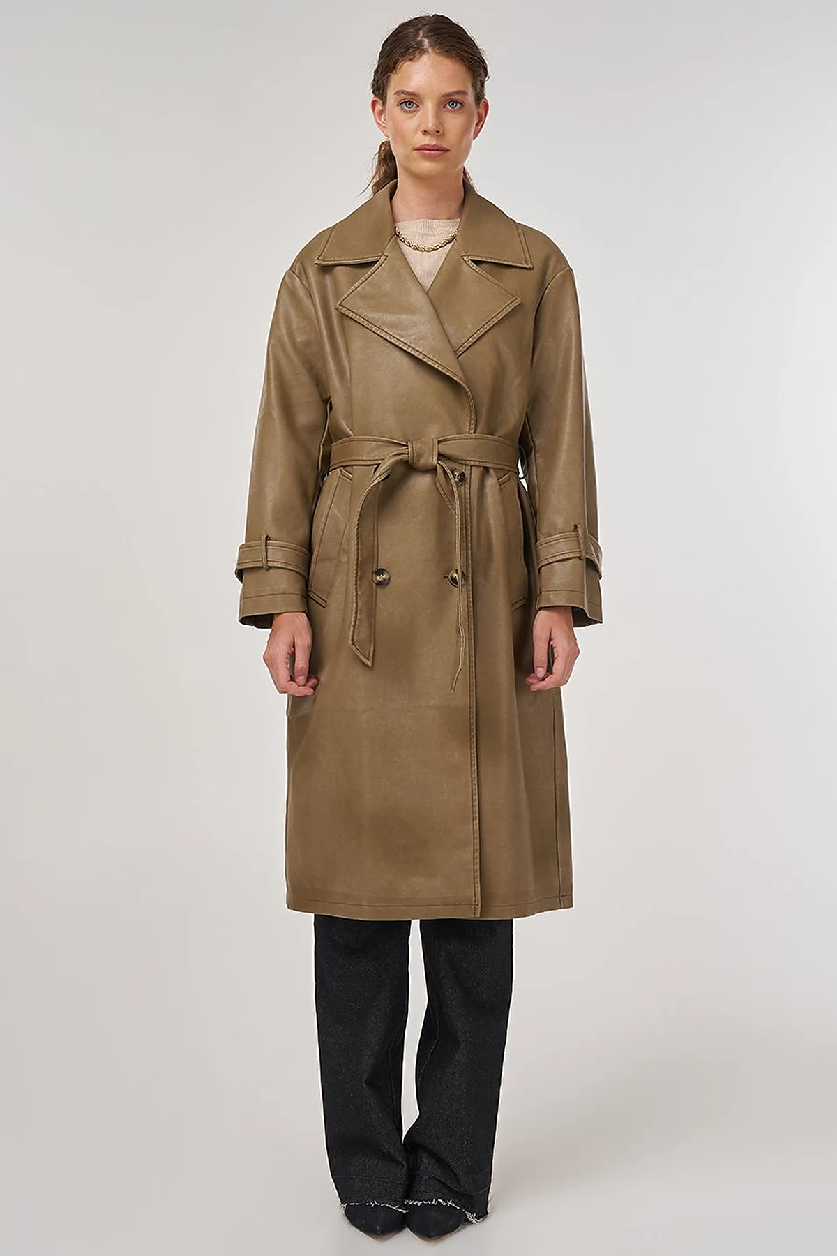 Faux Leather Trench Coat with Epaulet Details Light Brown