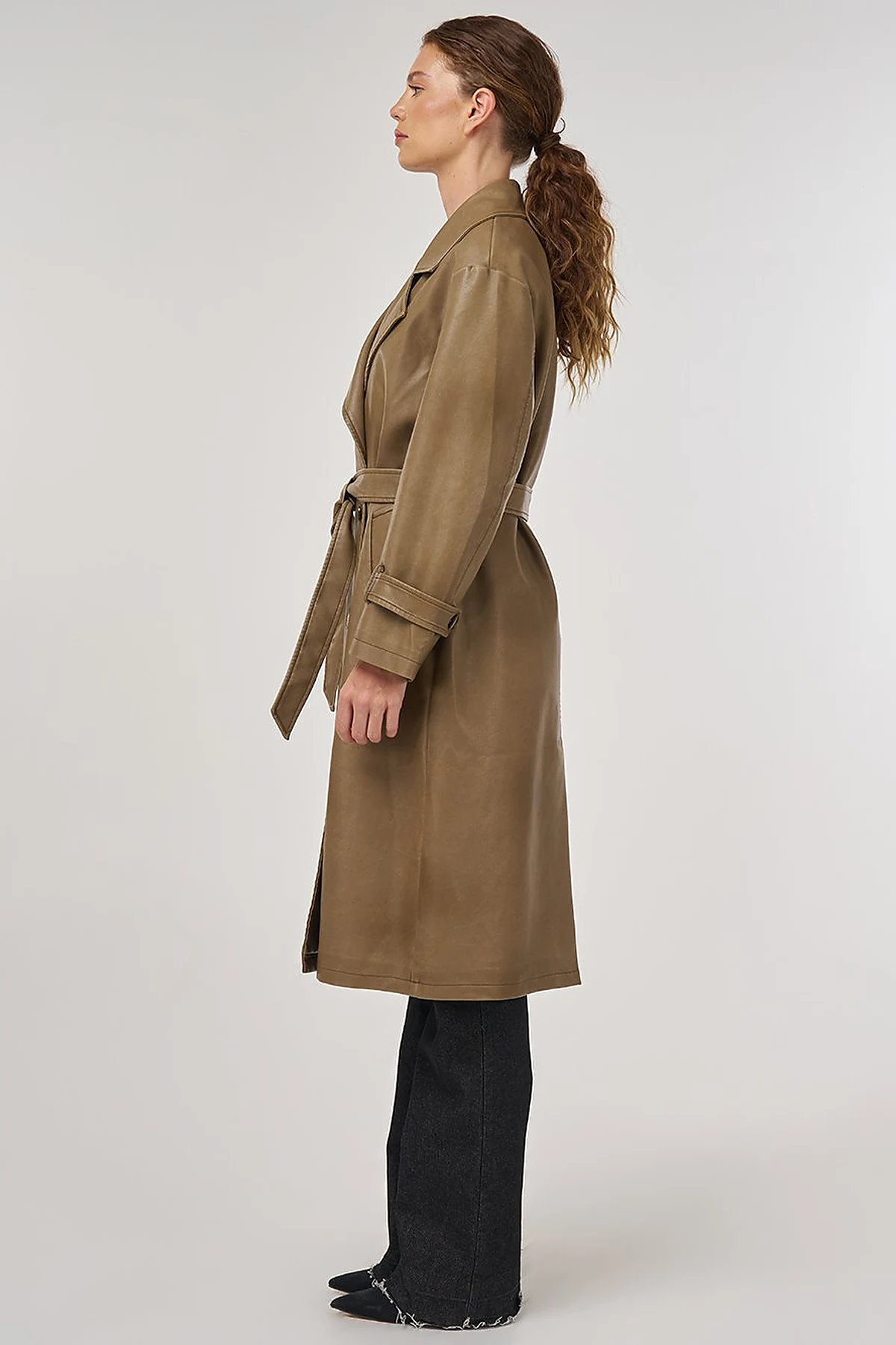 Faux Leather Trench Coat with Epaulet Details Light Brown
