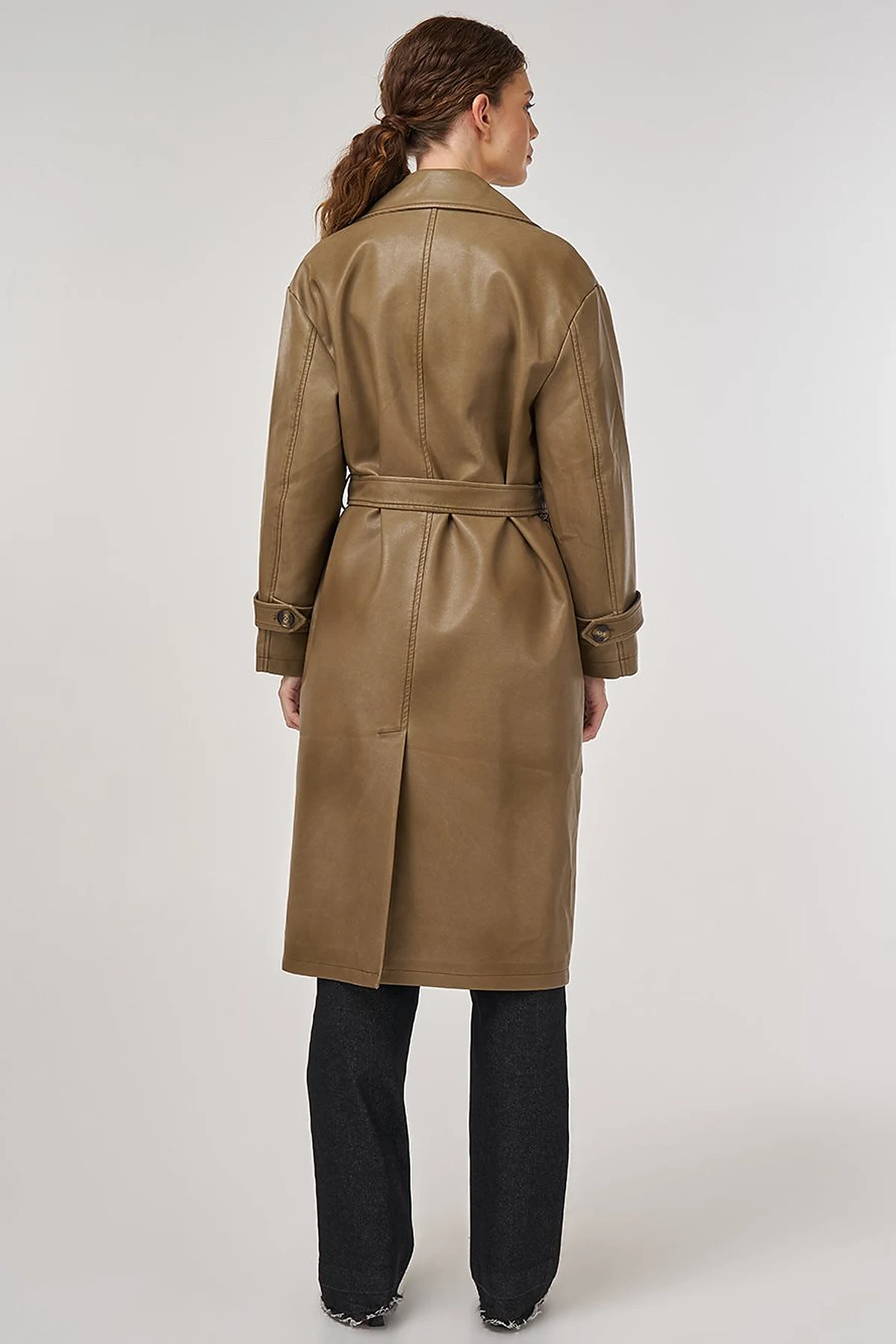 Faux Leather Trench Coat with Epaulet Details Light Brown