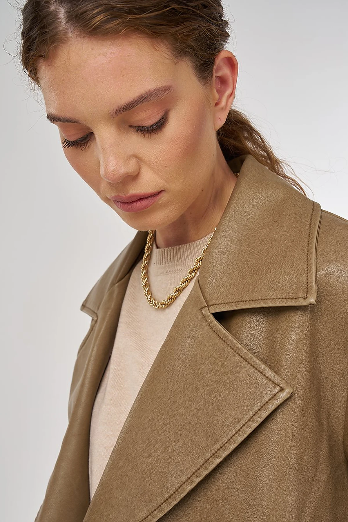 Faux Leather Trench Coat with Epaulet Details Light Brown
