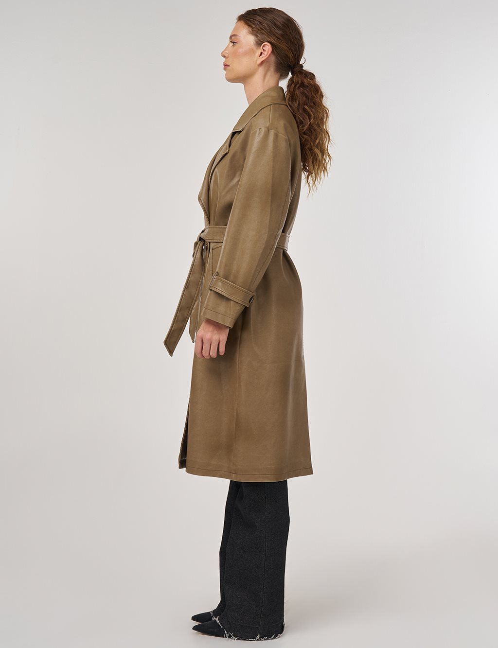 Faux Leather Trench Coat with Epaulet Details Light Brown
