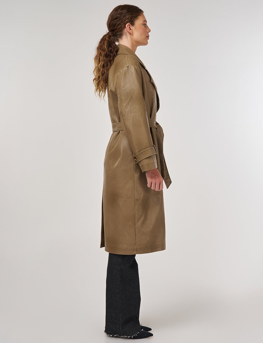 Faux Leather Trench Coat with Epaulet Details Light Brown