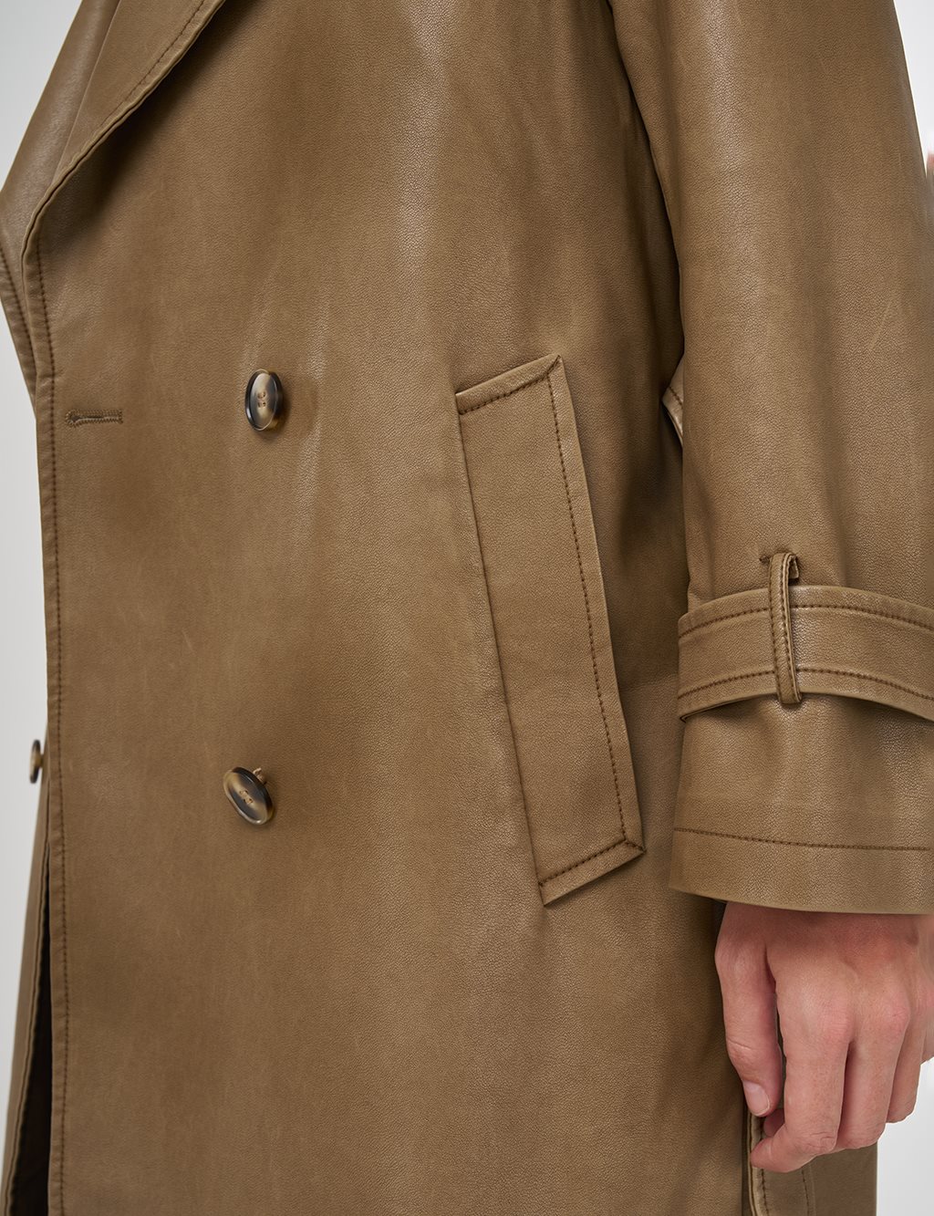 Faux Leather Trench Coat with Epaulet Details Light Brown