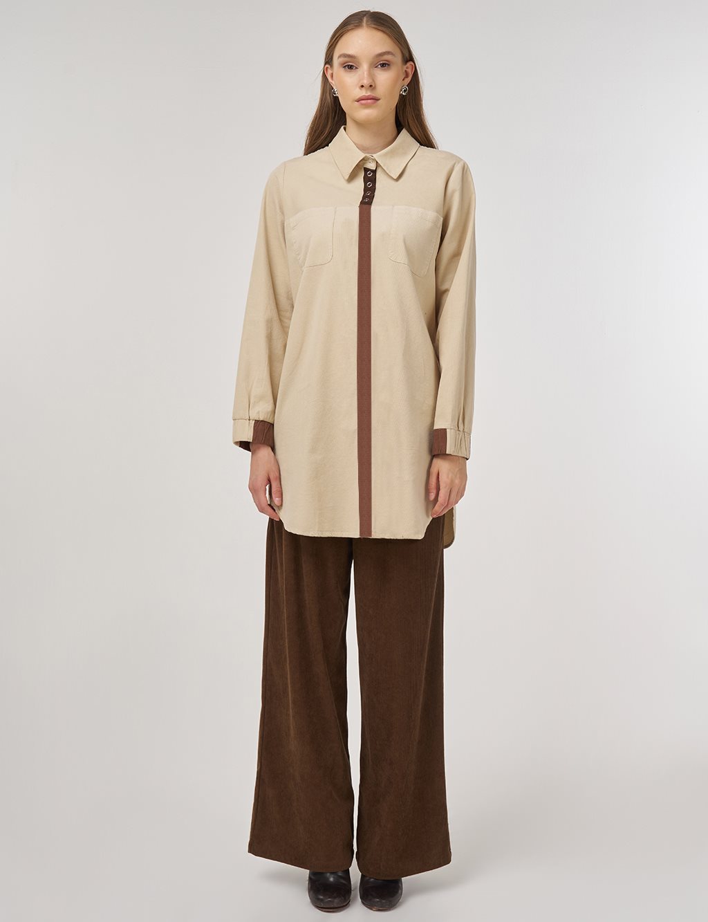  Corduroy Tunic with Shirt Collar Cream