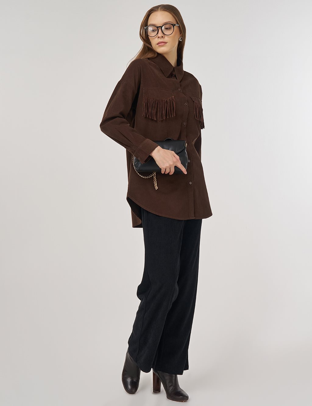 Tassel-Detail Velvet Tunic – Brown 