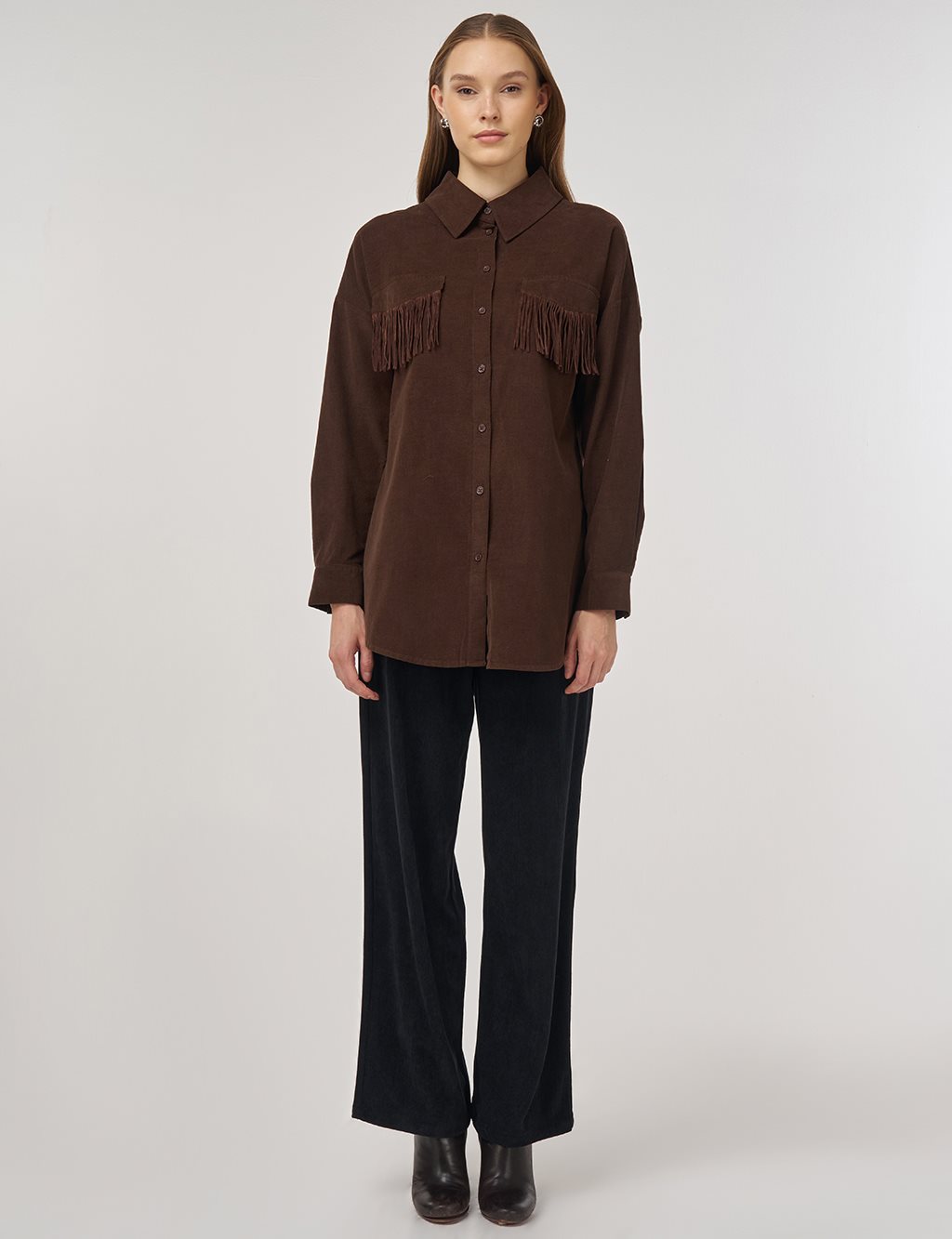 Tassel-Detail Velvet Tunic – Brown 