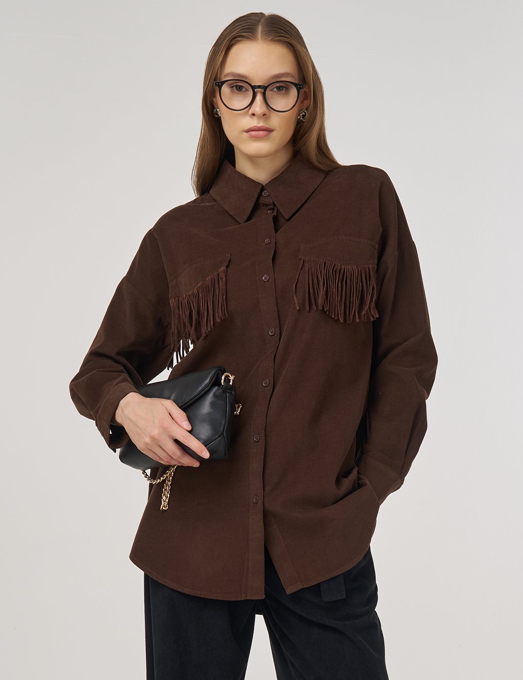Tassel-Detail Velvet Tunic – Brown 
