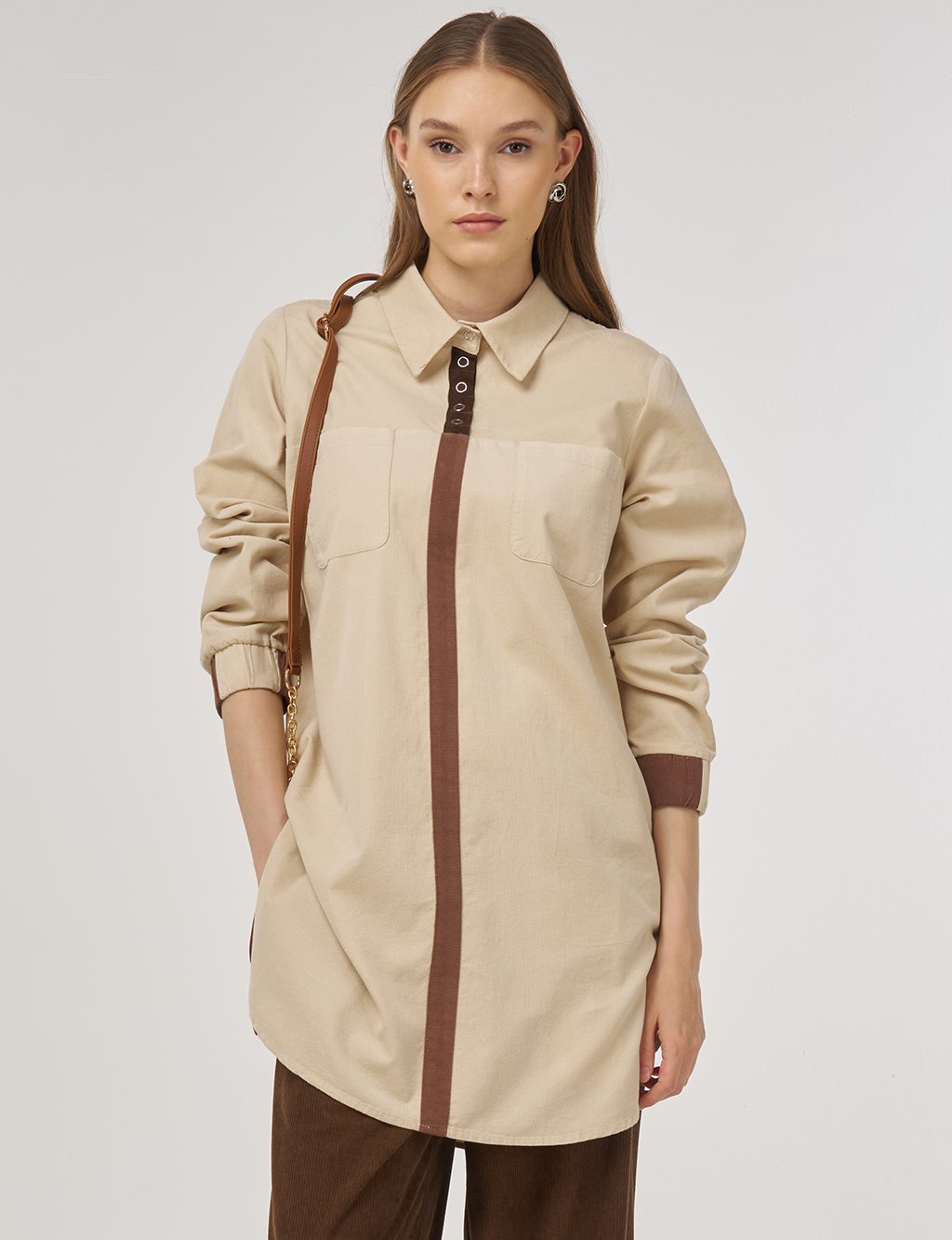  Corduroy Tunic with Shirt Collar Cream