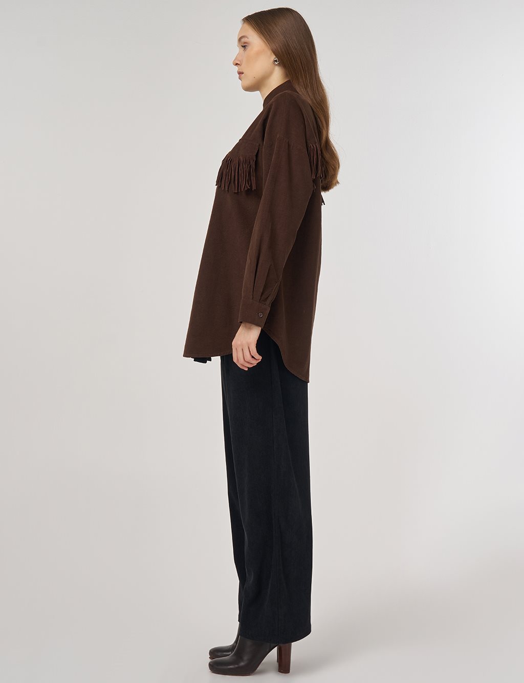 Tassel-Detail Velvet Tunic – Brown 