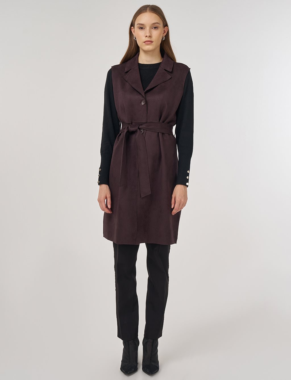 Dikiş Detaylı Süet Yelek Kahve 