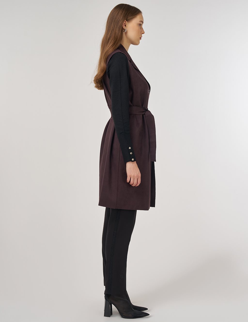 Dikiş Detaylı Süet Yelek Kahve 